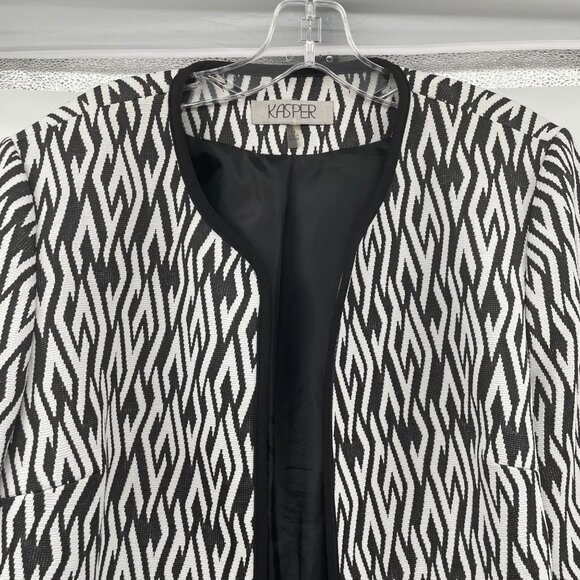 Kasper Womens Open Front Blazer Black/White Print Size 14 Lined - Picture 2 of 9